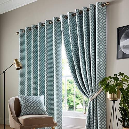 Image of Alan Symonds Cotswold Fully Lined Jacquard Eyelet Ring Top Curtains - Pair (Teal, 90" x 72" (229x183cm))