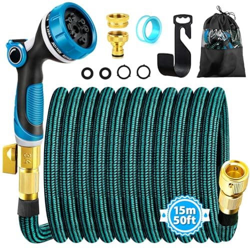 Image of Viosmut Expandable Garden Hose Pipe 15m 50ft, Retractable Hosepipes for Garden with 10 Functions Spray Gun, Expanding Magic Water Hose Attachments 3/4"&1/2" Brass Connectors, Flexible Hose Anti-Kink