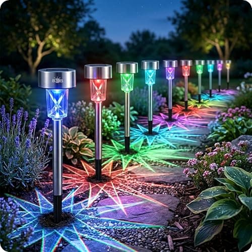 Image of BrightBloom 10 Pack Solar Garden Stake Lights Outdoor, RGB Color Changing Pathway Lights, Waterproof Stainless Steel Solar Lights for Yard, Lawn, Patio & Landscape Lighting with Auto On/Off (RGB)