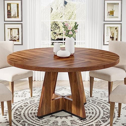 Image of Tribesigns Round Dining Table - Farmhouse Dinner Table for 4 People, Rustic Brown Wooden Top and Legs, 120 cm Dining Room & Kitchen Table