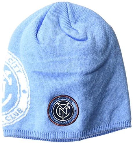 Image of adidas MLS New York City FC Men's Glow in The Dark Knit Beanie, One Size,Light Blue