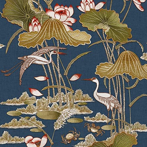 Image of YöL Lotus Pond Navy Wallpaper - Floral Crane Bird Lily Pads Crabs Silk Textured Paste The Wall Modern Non-Woven Vinyl