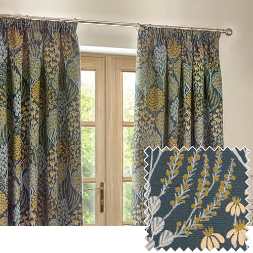 Image of furn. Wylder Nature Ophelia Floral Jacquard Pencil Pleat Curtains - 2 Panels - Width x Drop - 229 x 229cm (90 x 90) - Blue/Saffron