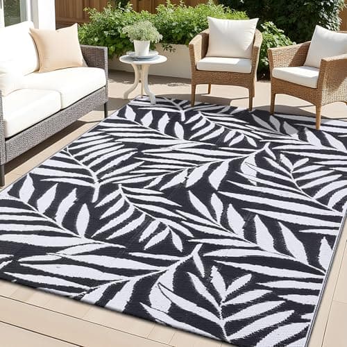 Image of smiry Outdoor Rug Waterproof Garden Rugs UV-Resistant Outside Patio Carpet Reversible Plastic Straw Mat for Balcony, Camping, Picnic, Backyard- 120 x 180 cm, Black & White - Leaf