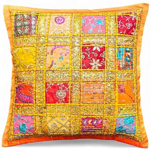 Image of KIKAN Cushion Covers 16"x16" Indian Heavy Embroidery Sari Patchwork Square zip 40cm (YELLOW)