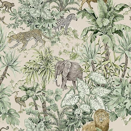 Image of Safari Green Wallpaper - Animal Print Zebra Monkey Lion Elephant Leopard - Tropical Jungle Botanical Leaf - Feature Wall
