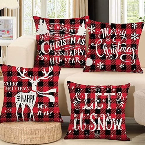 Image of QIFU Christmas Cushion Covers Set of 4 - Red Black Tartan Xmas Cushion Cover 18x18, Linen Cushion Covers Square Pillowcase for Sofa Car Home Christmas Decor Xmas Decorations