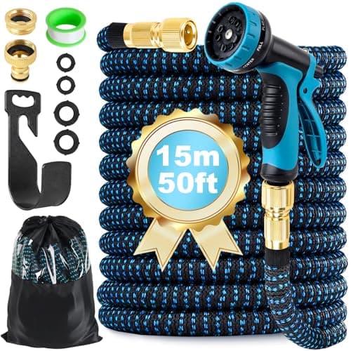 Image of Expandable Garden Hose Pipe 15m 50ft, Expanding Hosepipes for Garden Water Hose with 1/2" 3/4" Connectors, 10 Function Spray Gun, Holder, Flexible Retractable Magic Hoses for Gardening Car Washing