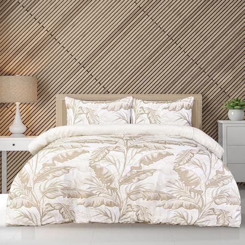 Image of Super Soft Tropical Leaf Duvet Set, Easy Care Natural Palm Leaf Design Reversible 100% Polyester Microfibre Hypoallergenic Bedding Set with Pillowcases, King Duvet Cover Set (230cm x 220cm)