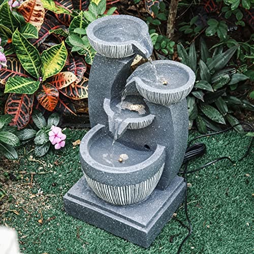 Image of BTGGG Garden Water Feature Cascading 4 Tier Bowls Outdoor Garden Water Fountain with LED Lights Polyresin Water Feature Waterfall for Garden Home Decor, Height 47CM