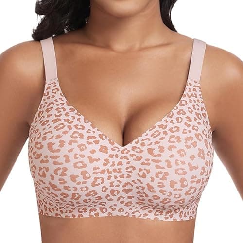Image of Cavotor Women Seamless Bra Non Wired Push Up Support Bras for Saggy Breasts Wireless T Shirt Soft Comfort Ladies V Neck Padded Bralettes with Extender (Pink Leopard Print,L)