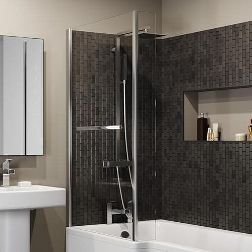 Image of Luxura® 1430 x 780mm Chrome Over Bath Shower Screen with Towel Rail Fixed Return Panels & Screens for Baths Bathroom Frameless L-Shape 5mm Glass