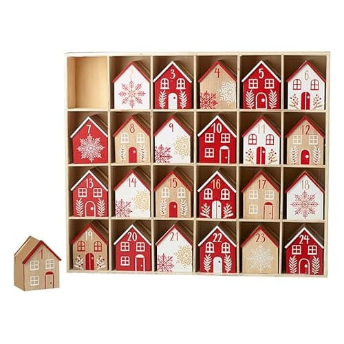 Image of Heaven Sends Wooden Advent Calendar House Set with 24 Houses - 4cm - Gold/Red/White - Christmas Countdown - Gift Idea For Christmas - Christmas Advent Calendar - Festive Advent Decoration