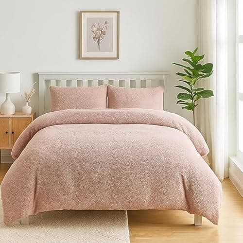 Image of Single Duvet Cover Set with Pillowcase Teddy Fleece Blush Pink 135x200cm Soft Warm Bedding Set for Winter, Cozy Fluffy Fleece Duvet Cover and Pillow Case (Single (135x200cm)) (Single (135x200cm))