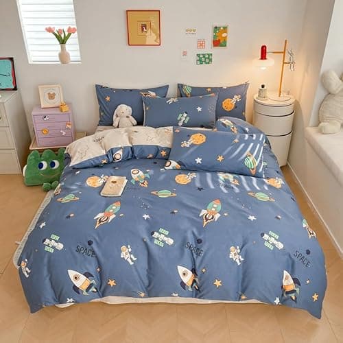Image of Lunoroey Kids Space Duvet Cover Set 100% Cotton Bedding Single Size Boys Space Rocket Astronaut Print Blue Quilt Cover Comforter Cover Set All Season Use