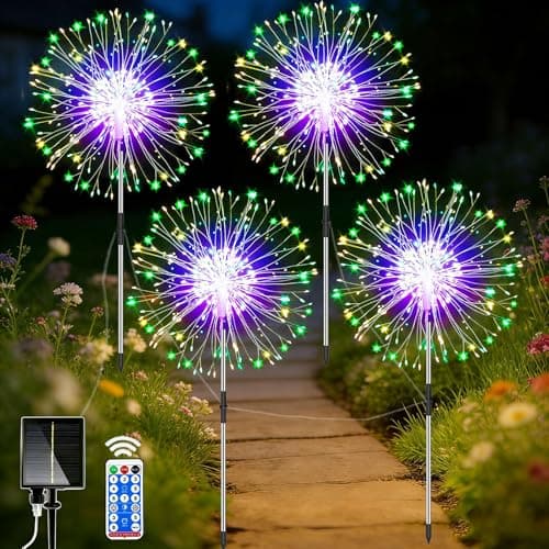 Image of yowin Firework Solar Lights Outdoor Garden 4 x 120 LED Solar Garden Lights with Remote, 8 Modes Starburst Light Waterproof Dandelion Stake Light for Pathway Patio Yard Decorations - Multicolor