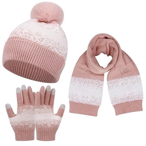 Image of Yanmucy Hat Scarf and Gloves Set Ladies Winter Beanie Knitted Hat Long Scarf Touch Screen Gloves Set for Women Pom Pom Bobble Hat Winter Cold Weather Sets Outdoor Skiing (Pink)