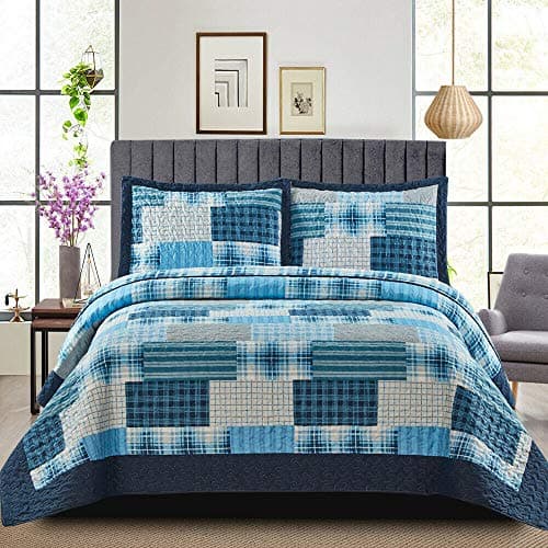 Image of PHP Patchwork Bedspread Box Pattern Cotton Filling Reversible Quilted Throw For Bedroom Decor - Warm Quilt Coverlets Blankets Single Bed Denim Blue Bedspread with Pillow Case