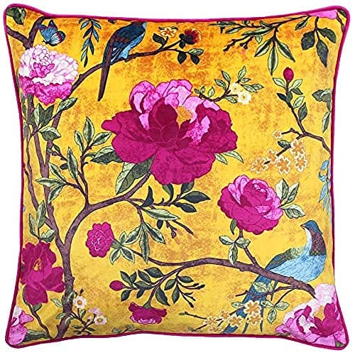 Image of Paoletti Chinoiserie Cushion Cover - Floral Bird Print 100% Polyester Machine Washable Fabric (Gold Yellow - 50 x 50cm)