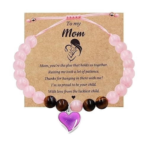 Image of Uloveido Handmade Charm Temperature Sensitive Color Changing Heart Mood Bracelet for Women, Pink Crystal Semi-Precious Stone Adjustable Bracelet for Mom Mother Day Gift with Message Card Box Y3700