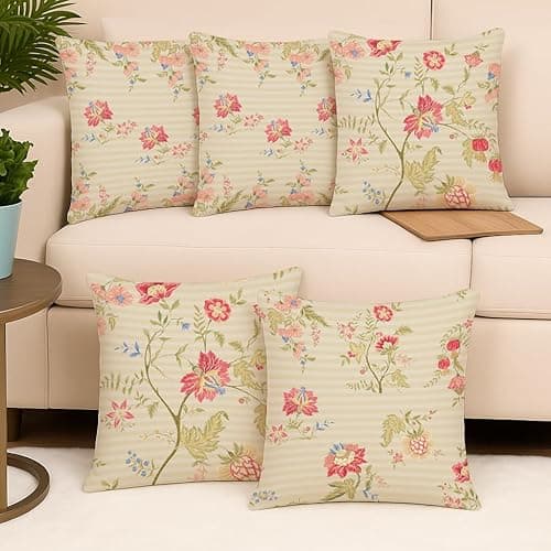 Image of BRICK HOME Floral Printed Poly Cotton 180 TC Cushion Covers Set of 5 (12 X 12 Inches), Multicolor