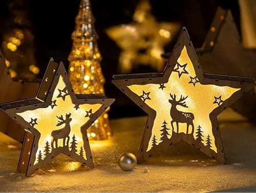 Image of NUPTIO Christmas Decoration Wooden Light up: Led Star with Timer Set of 2 Indoor Xmas Ornaments Window Sill Scene Reindeer Tabletop Centrepiece Home Window Sill Standing Dinner Table Gifts 29cm&24cm