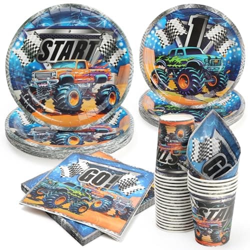 Image of PARTY GO 96Pcs Monster Truck Paper Plates, Party Tablewares Disposable Supplies Pack for Birthday, Baby Shower, Holiday Wedding Graduation Party Decorations for 24 Guests