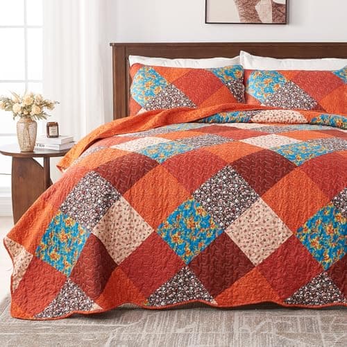 Image of Qucover Quilted Bedspread King Size, Multicolour Print Red Orange Blue Patchwork Quilt 230x250cm with 2 Pillow Shams, Lightweight Soft Microfiber Floral Reversible Coverlet Set for All Seasons