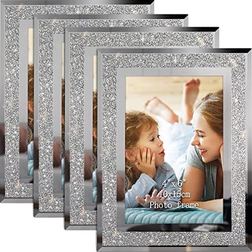 Image of 4 Pack 6 x 4 Inches Glass Photo Frames Crystal Glitter Mirrored Picture Frames Tabletop Display Portrait Landscape Frames Gifts - Silver
