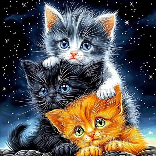 Image of MAXBYE Diamond Painting Cat Kits for Adults, 5D Three Cute Kittens Diamond Art Kits DIY Full Drill Animal Gem Art for Beginner, Crystal Cross Stitch Craft for Home Wall Decor Holiday Gifts 30x30cm
