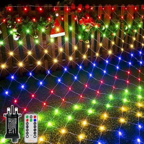 Image of Ollny Net Lights Outdoor Indoor, 200 LED 3m x 2m Mesh Fairy Lights Plug in, Waterproof String Lights with 8 Light Modes/Timer/Remote, for Outside/Garden/Window/Gazebo Decorations, Multicoloured