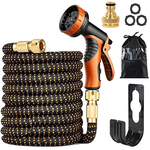 Image of Expandable Garden Hose with 10 Modes Water Spray Gun,3/4"&1/2" Solid Brass Connectors, Durable 3450D Weave, Garden Hose Reel,No-Kink Flexible Magic Water Pipe(75ft/22.5m)