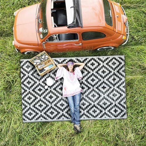 Image of Enipate Geometric Outdoor Rugs for Garden Patios, 5x8ft Waterproof Reversible Decking Rug, Large Plastic Portable Woven Picnic Blankets Carpet Mat