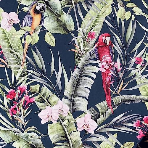 Image of Pretty Polly Wallpaper Tropical Navy Parrot Floral Jungle Pink Vinyl