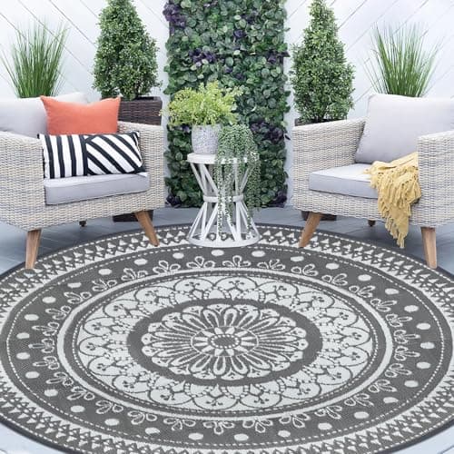 Image of Cekene Round Outdoor Rug Waterproof Large 180cm Grey Reversible Garden Rug Plastic Easy Clean Area Floor Mat for Outdoors Patio Garden RV Trailer Backyard Deck Picnic