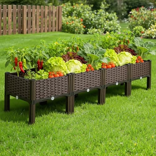 Image of Warmiehomy Raised Garden Bed 160x40x37cm, Raised Garden Kit with Drainage Holes, Polypropylene Outdoor Elevated Planter Box for Growing Plants, Vegetables, Flowers and Herbs, Brown
