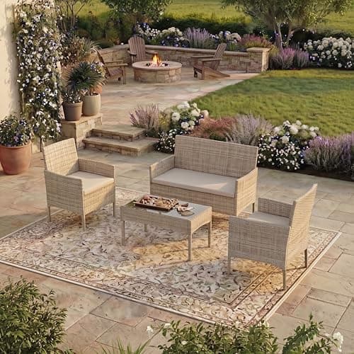 Image of Garden Vida Kendal 4 Piece Rattan Seating Set | Natural | Outdoor Garden Patio Furniture Set | Steel Frame & PE Wicker Construction | UKFR Certified | Weather Resistant Garden Chairs