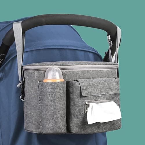 Image of Pram Buggy Organiser Bag,Stroller Pushchair Storage Bag with Cup Holders,Supplies Pram Organiser,Universal Waterproof Baby Stroller Organizer Storage Bag for Baby Buggy Accessories Supplies (Grey)