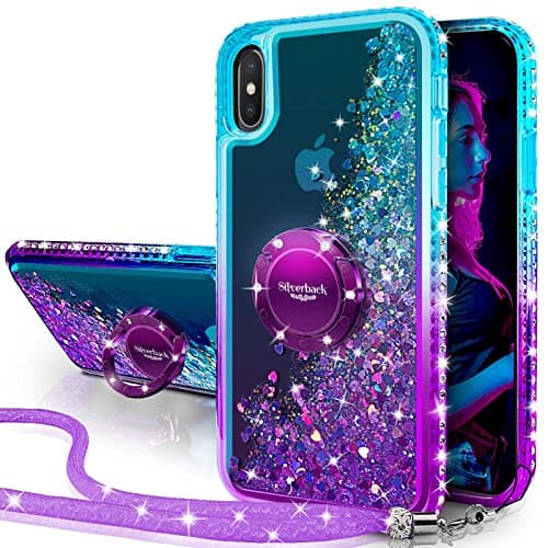 Image of Silverback Miss Arts for iPhone X/XS Case, Liquid Holographic Sparkle Glitter Case With Kickstand and Lanyard, Bling Diamond Ring Shockproof Protective Cover for Girls Women for iPhone X/XS -Purple