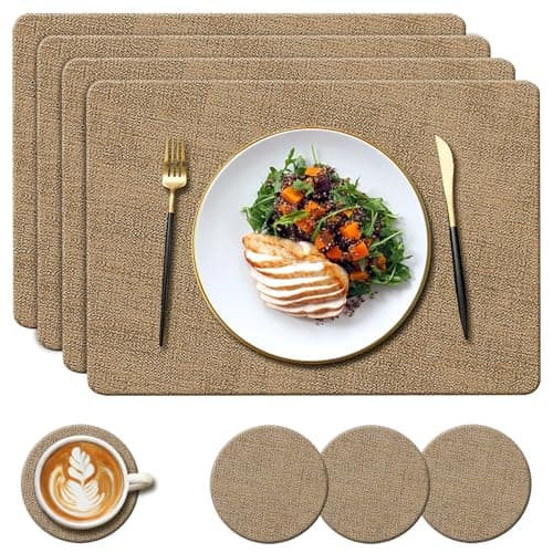 Image of YUNJUER Leather Placemats and Coasters Set, Heat-Resistant 212 °F, Non-Slip and Waterproof, Easy to Clean, PU Tablemats for Home, Kitchen, Restaurant, Outdoor Dining Table, 8 Pieces, 43x30cm, (Beige)