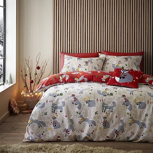Image of Fusion - Christmas Foraging Fox - Reversible Double Duvet Cover Set, Red/Natural