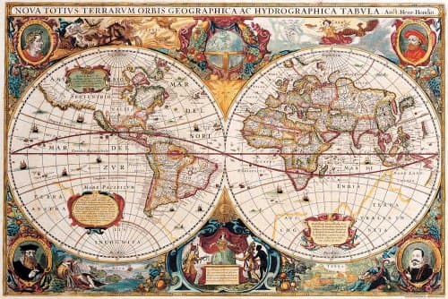 Image of Maps - Antique World Map - Educational Poster, Maxi Poster, Print, Poster - Size 91.5 x 61 cm + 2 Poster Rails Wooden 92 cm
