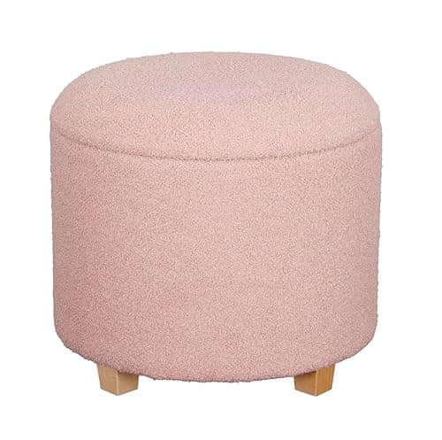 Image of La Maison Large Boucle Ottoman Storage Living Room Hallway Seat Bench Stool Teddy Removable Lid Stylish Practical Footstool Pouffe Wooden Legs (Blush Pink, Round Stool)