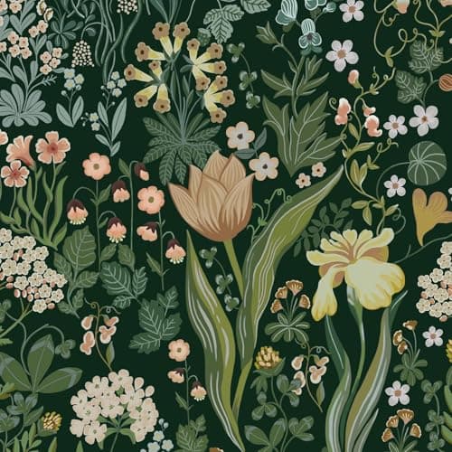 Image of Botanical Floral Wallpaper Dark Green 44cm x 300cm – Vintage Garden Peel and Stick Wall Paper, Self Adhesive, Removable & Waterproof Cottage Style Wallpaper for Bedroom, Living Room & Feature Wall