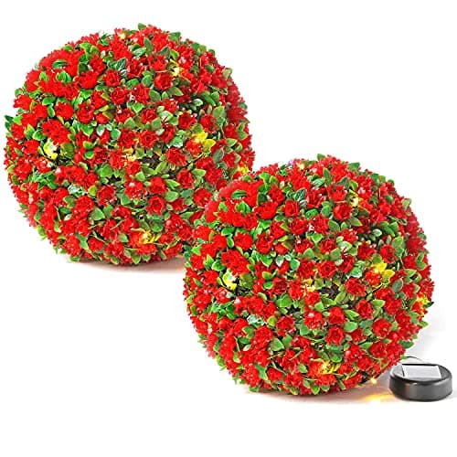 Image of Taylor & Brown 28cm Solar Powered 20 LED Rose Artificial Topiary Ball Hanging Ornament Boxwood Garden Ultra Bright Light Decorative Two Functions (2 Pack, Red)