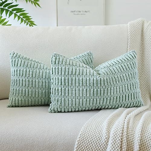 Image of JOTOM Set of 2 Corduroy Soft Striped Cushion Covers 30x50 cm Boho Decorative Throw Pillow Covers Lumbar Cushion Case Couch Home Decor Pillowcases for Sofa Bedroom 12x20 Inch (Light Blue Green)