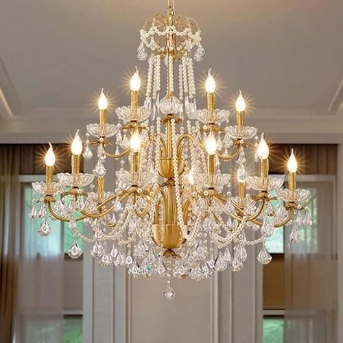 Image of Pendant Lights, Retro Gold Luxurious Brass Crystal Chandelier Villa Living Dining Bedroom Room Candle Lights Lustre Decor Pendant Lamps(12 Light,Natural Light)