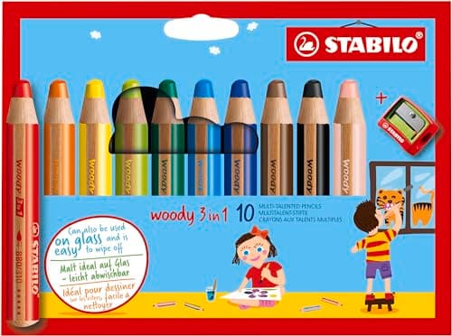 Image of STABILO woody 3-in-1 - Multi-Talented Pencil - Pack of 10 - Assorted Colours with Sharpener