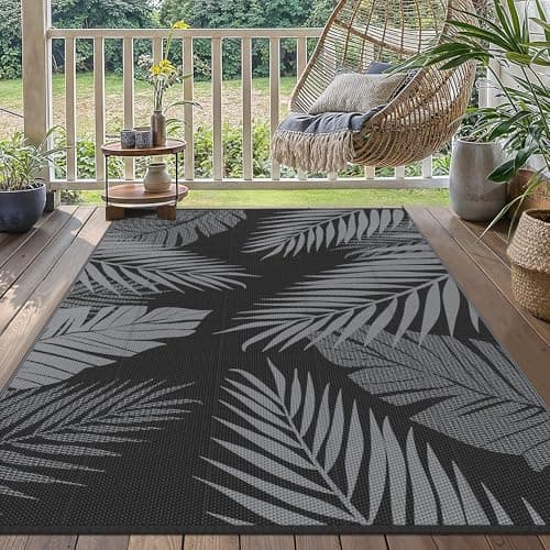 Image of GENIMO Outdoor Rug 150x240cm – Waterproof Reversible Garden Carpet, Large Patio Rug UV Resistant & Washable for Balcony, Backyard, Picnic, RV – Black & Grey