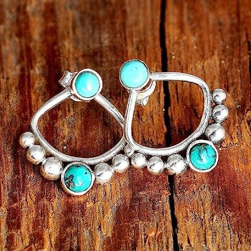 Image of CUSIOALQQ 925 Sterling Silver Turquoise Earrings Boho Faux Dainty Flower Jewelry Gift for Women Beaded Hoop Earrings, Native-Inspired Turquoise Earrings for Women, Natural Stone Hoop Earrings